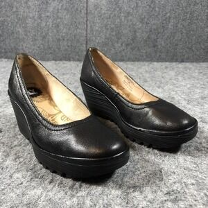 Fly London Womens 7.5 Black Leather Wedge Platform Pumps Comfort Round Toe Shoes